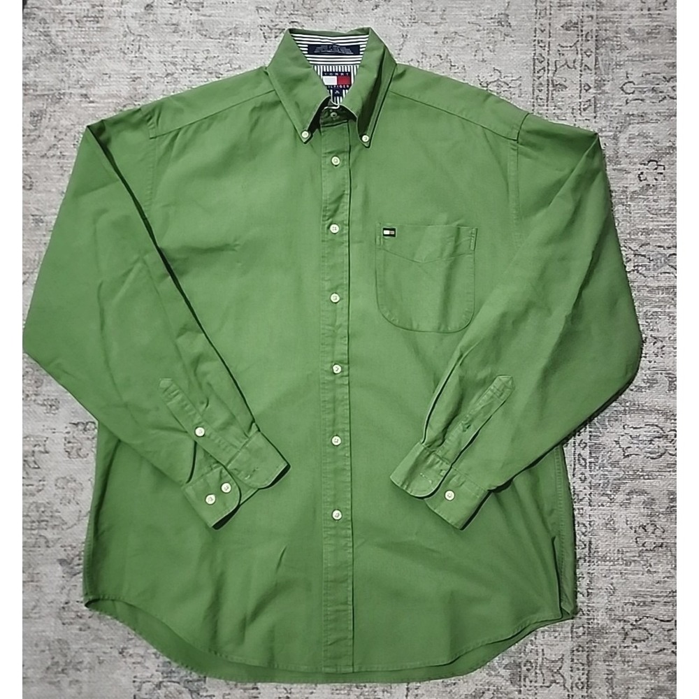 90s‎ Vintage Tommy Hilfiger Button Down Shirt M Green Long Sleeve Cotton Casual